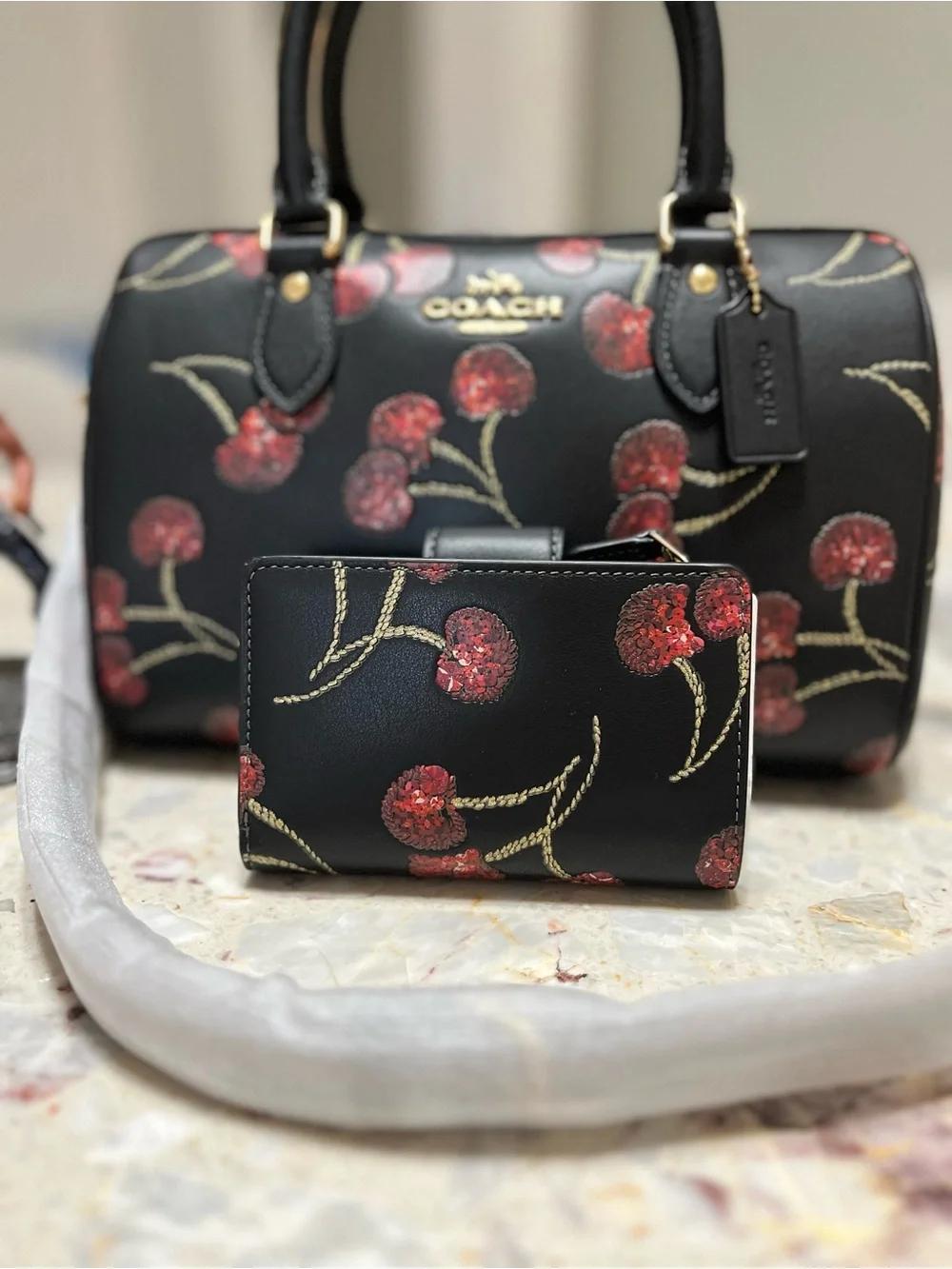 Bundle Coach  Rowan Satchel Bag With Cherry Print and wallet NWT